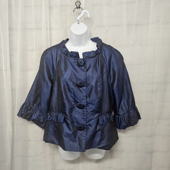 Nicole Miller Jacket Blue Sateen Coquette Twee Minimalist Y2K Ruffle 16 - Picture 1 of 11
